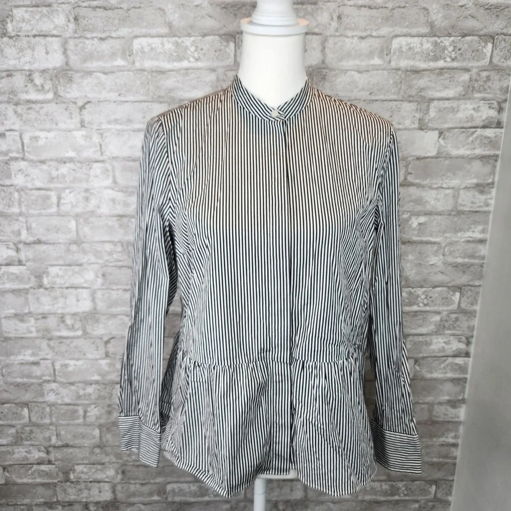 J. Crew Blouse Striped Ruffle Bottom Band Collar Navy White Preppy Size 8